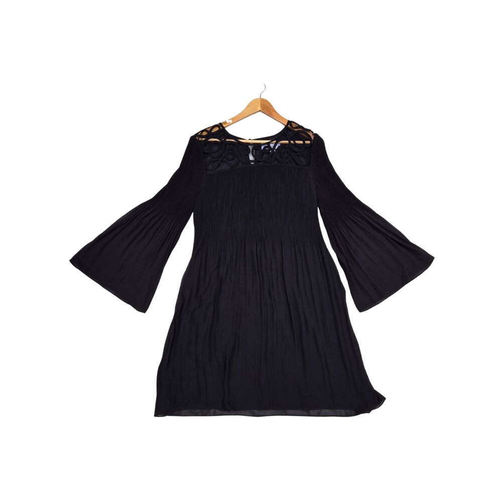 Emma & Michele Black Midi Dress with Lace Yoke and Bell Sleeves